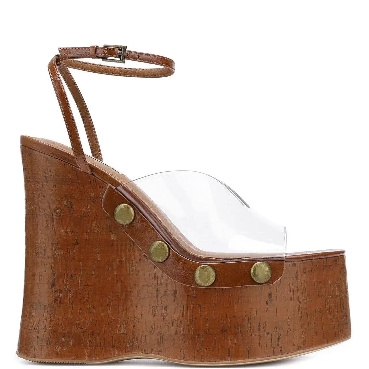 Sommer-Mesh-Hohl-Grab-High-Heel-Sandalen, wasserdichte Sandalen mit dickem Boden und Holzmaserung und dickem Boden, Damensandalen