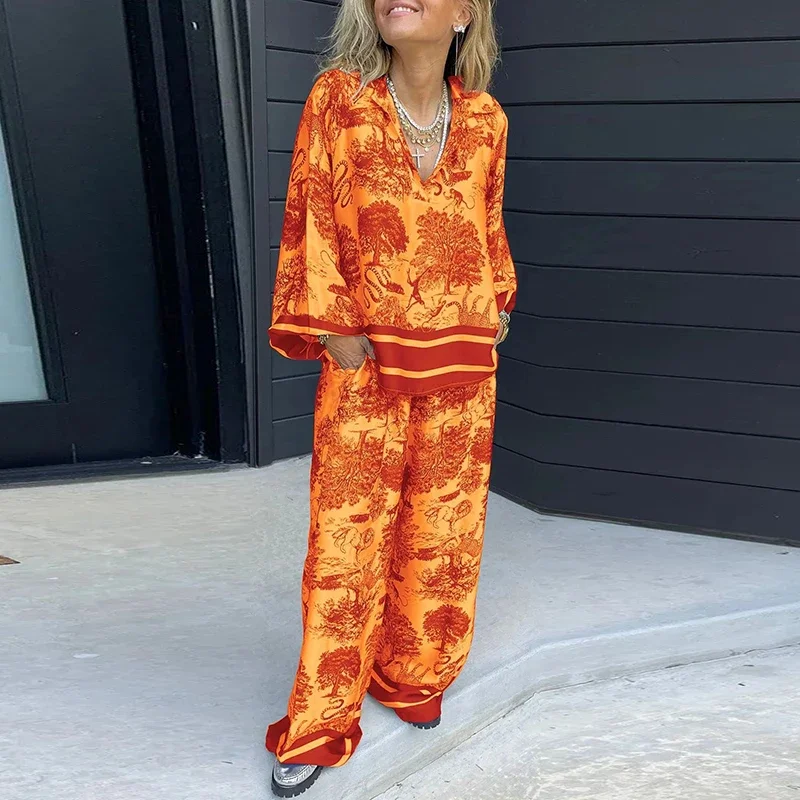 2024 Vintage Suit  Sexy V Neck  T-shirt & Long Pants Outfits Summer Short Sleeve Loose Flare Sleeve Printed Ethnic Style Suit