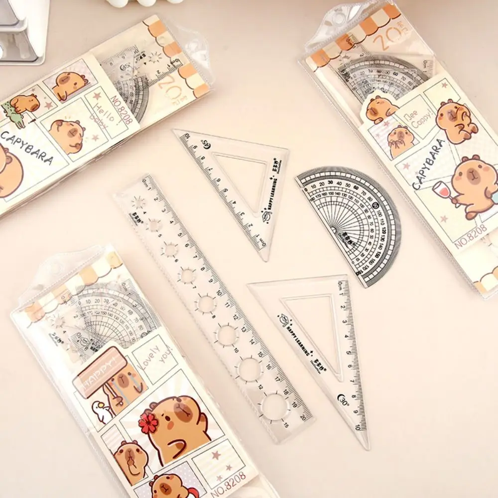 4pcs/Set Transparent Capybara Ruler Set Cartoon Dividing Straight Triangle Ruler Cute Drafting Math Drawing Ruler Student