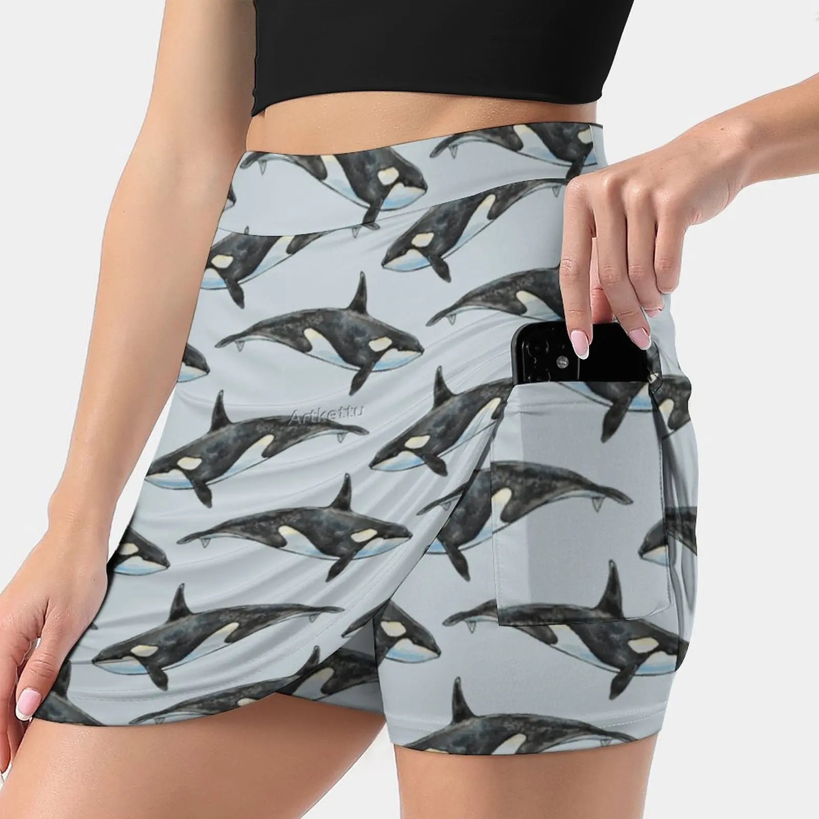 Orca On Blue Women Tennis Skirts Golf Badminton Pantskirt Sports Phone Pocket Skort Hand Watercolor Pattern Killer Whales Orca