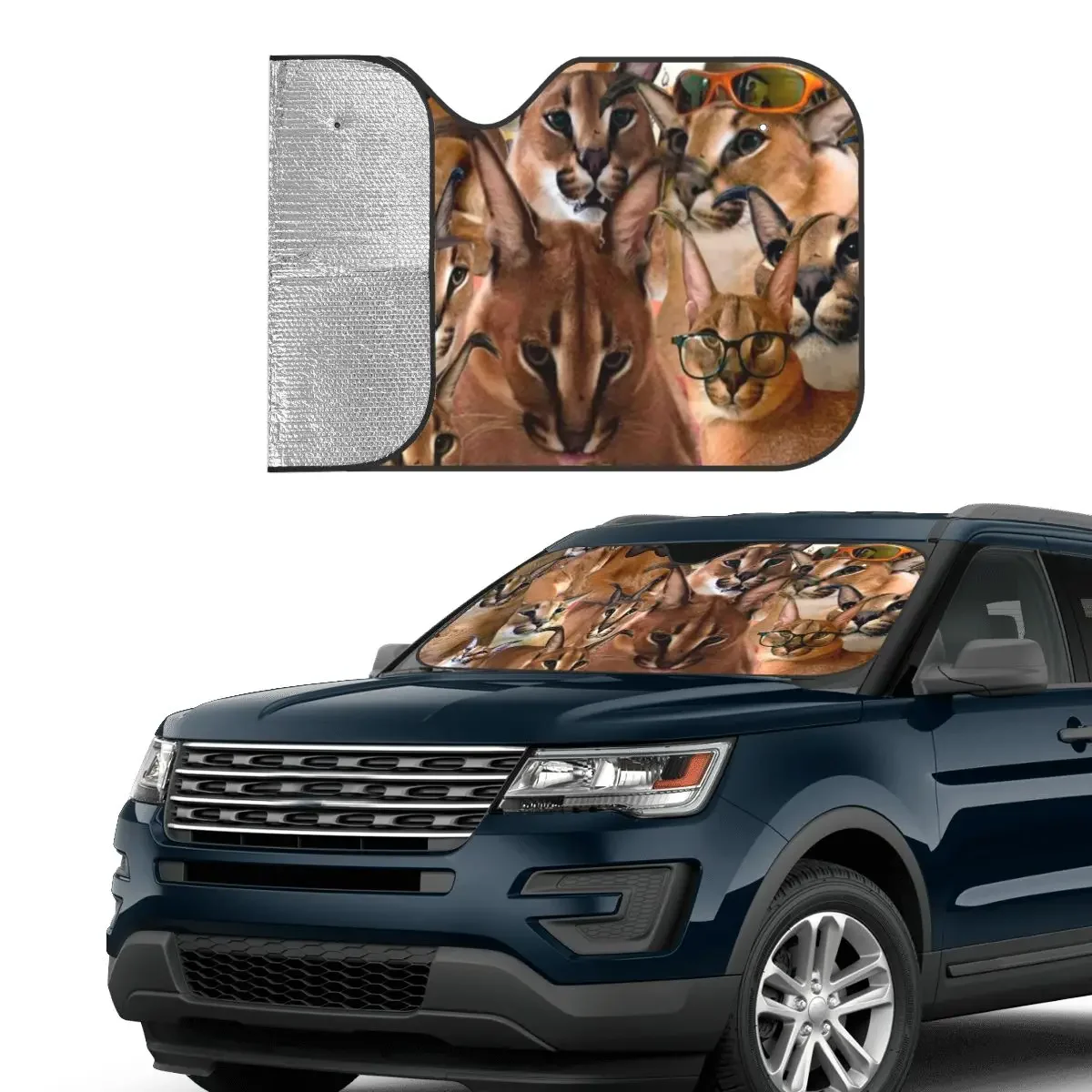 Big Floppa Collage Foldable Windshield Sunshade 70x130cm Animal Cat Foils Sun Visor Car-covers