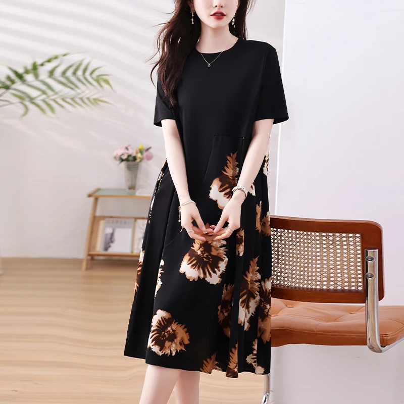 #8020 Summer Black Floral Printed A-line Dress Women Round Neck Vintage False Two Piece T Shirt Dress Short Sleeve Korean Style