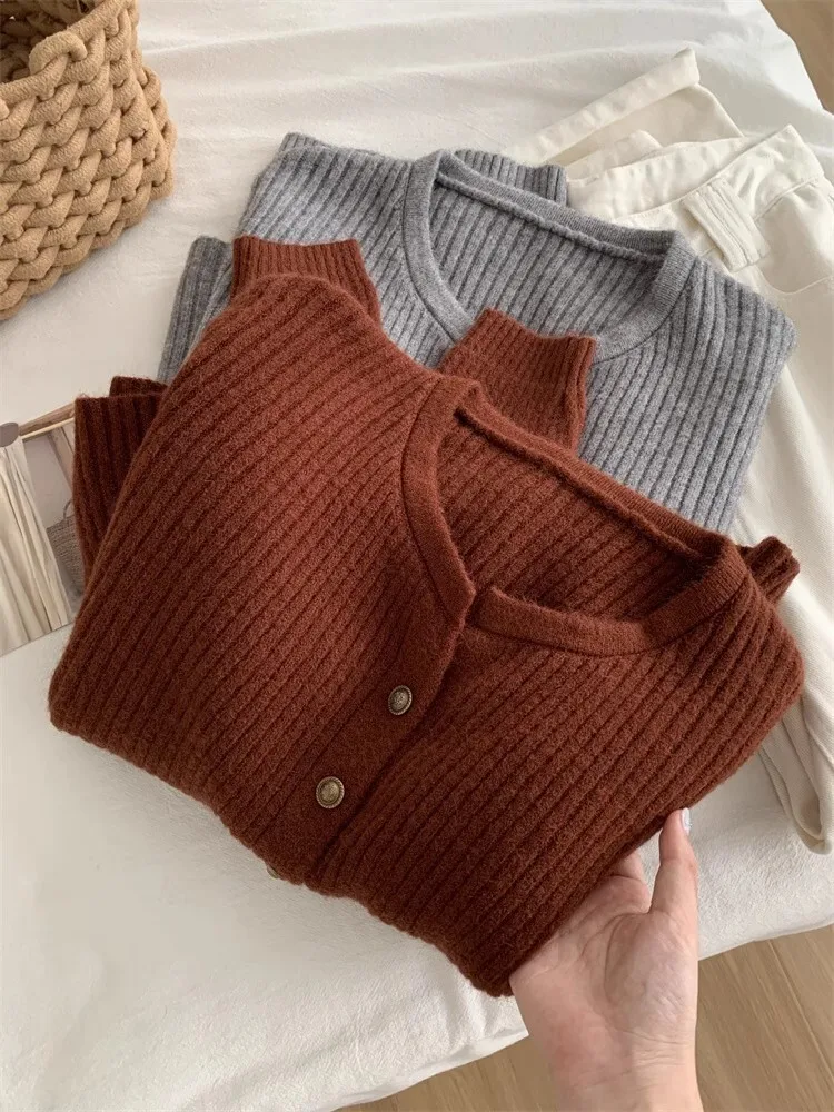 Gold Button Pit Stripe Knit Cardigan Round Neck Women Autumn Winter Basic Warm Sweater