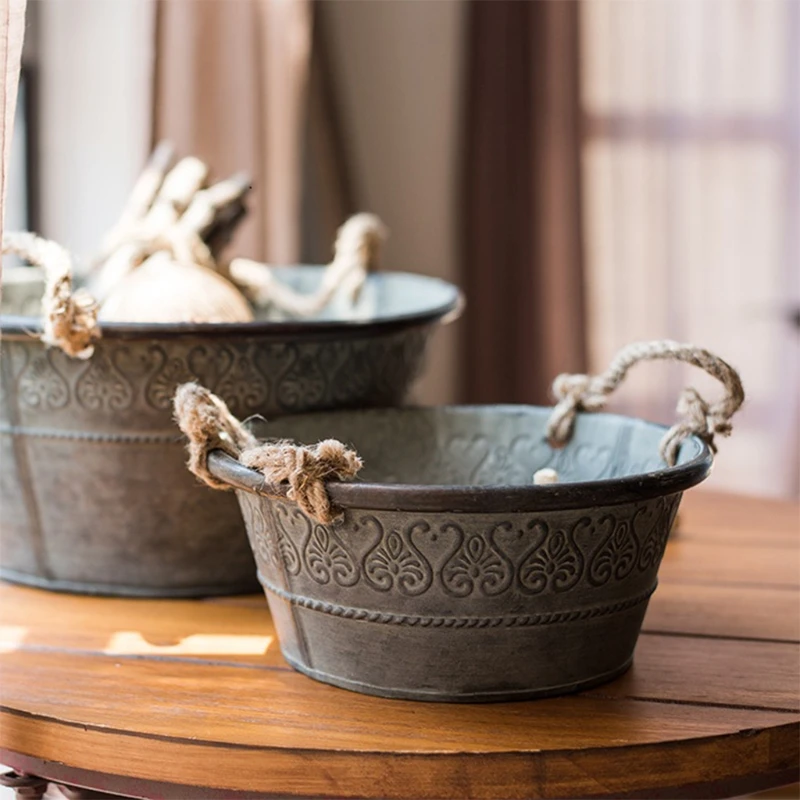 Vintage Metal Round Bucket Planter with Double Handles Rustic Iron Flower Pot Metal Tray for Storage and Farmhouse Decor