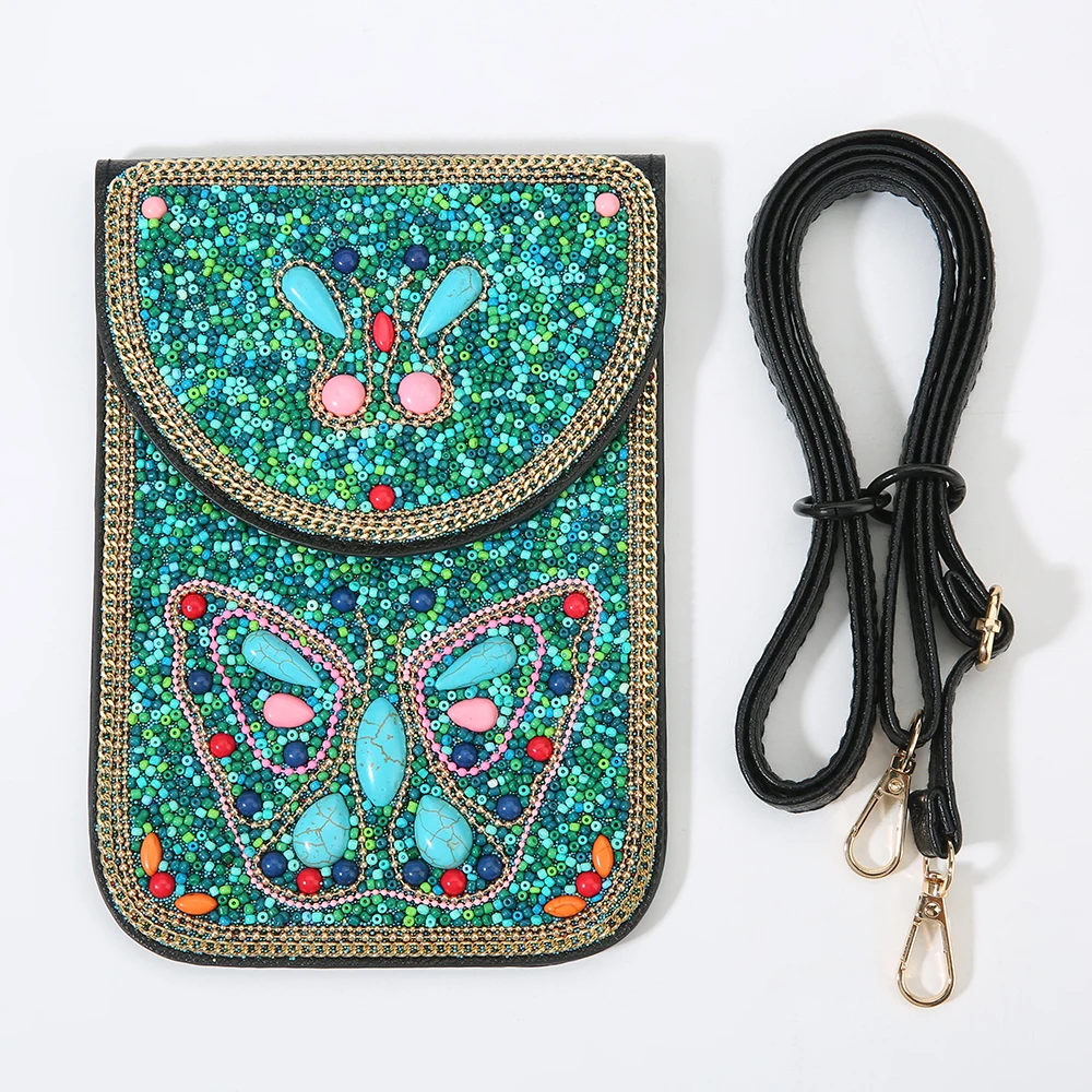 فراشة وزهرة نمط الرجعية العرقية نمط 2026 جديد اليدوية مطرز بولي Crossbody حقيبة هاتف صغيرة المرأة محفظة الكتف