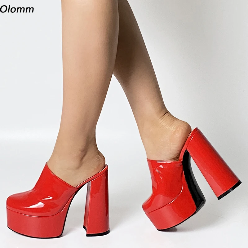 

Olomm Hot Handmade Women Platform Pumps Patent Block Heels Round Toe Gorgeous Red White Pink Night Club Shoes US Size 5-15
