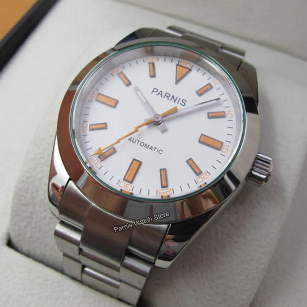 Parnis 40mm Sapphire Crystal Automatic Movement นาฬิกาลําลองผู้ชายหมายเลขสีส้ม