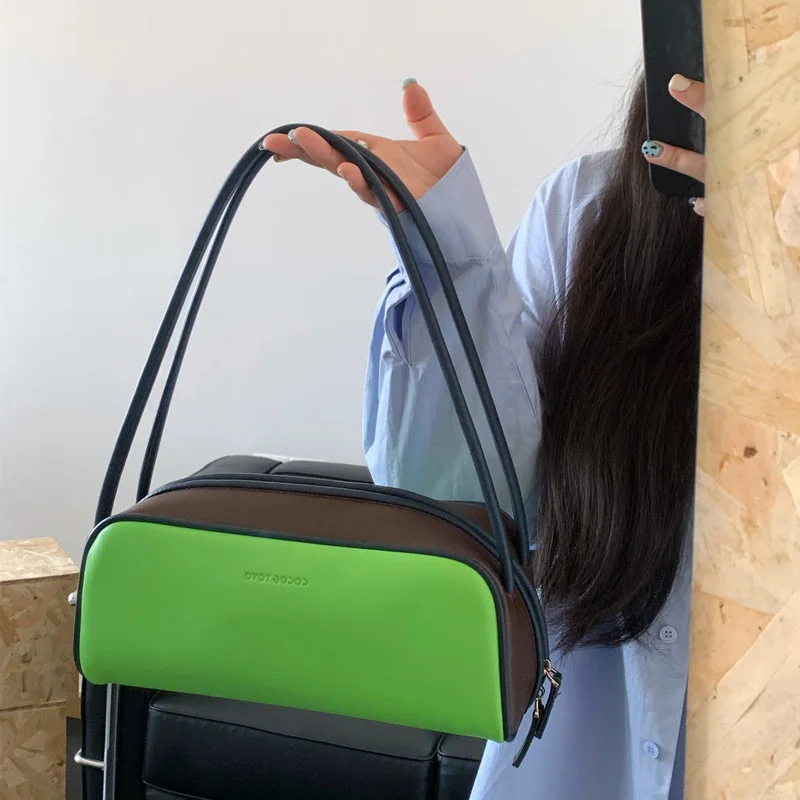 New Casual Versatile Hand-held Bowling Bag For Women, Contrasting Color Design High-quality One-shoulder Commuting Underarm Bags