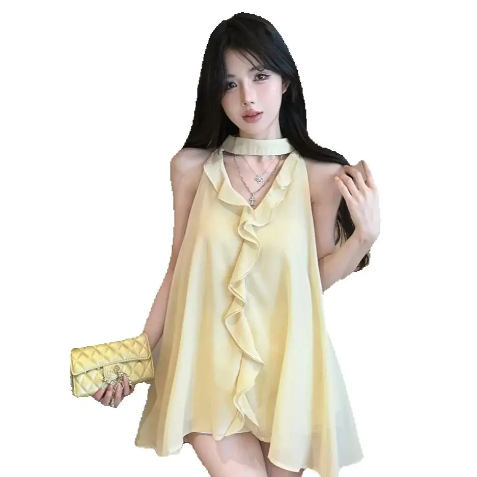 New Summer Wear Yellow Top For Women'S French Ruffle Design V-Neck Scarf Streamer Chiffon Shirt