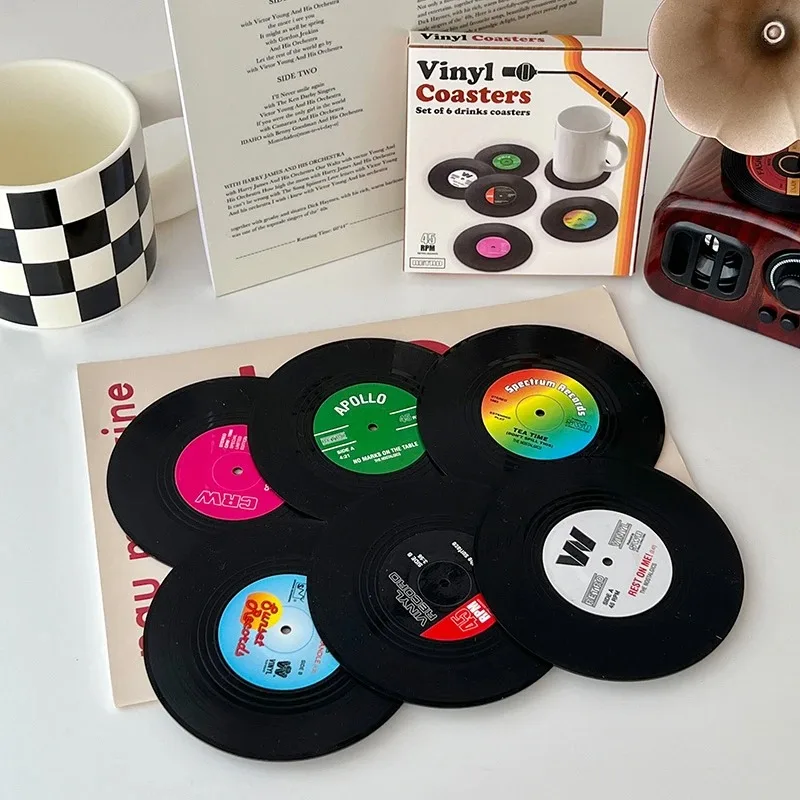 Cup Coaster Set 6 Pcs Cup Mat Vinyl Record Coasters Non-slip Coffee Coasters Heat-resistant Music Drink Coasters Table Mats Cups