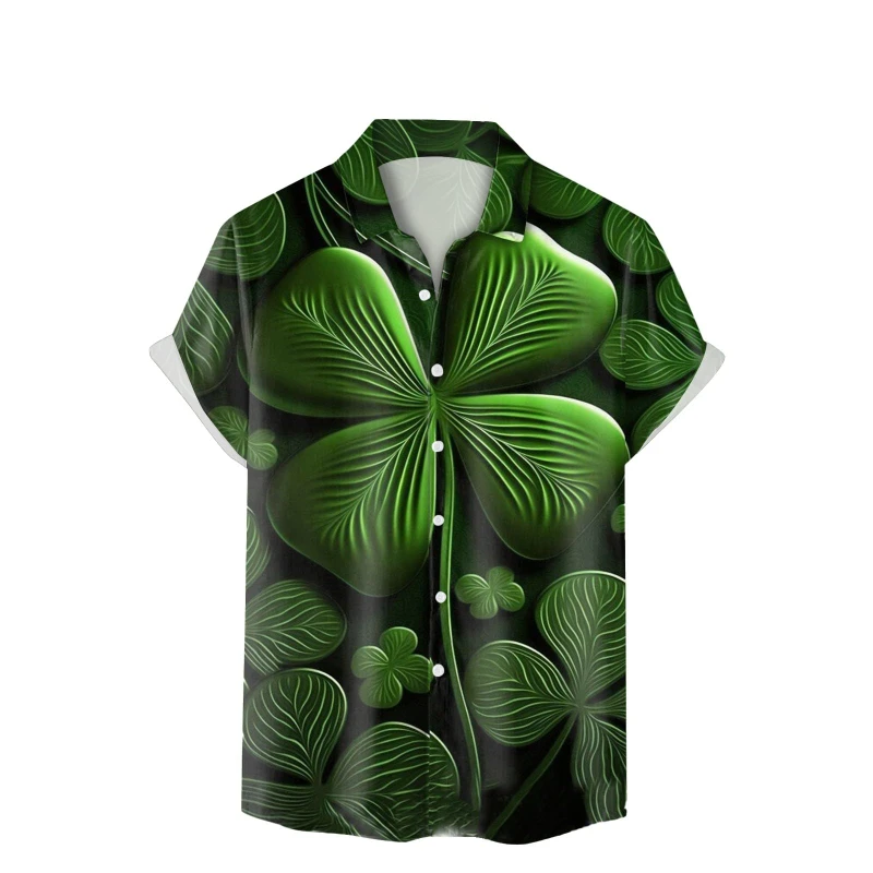 New Saint Patrick Mens Shirt 3d Printed Green Shamrock Lapel Short Sleeved Shirts Festival Unisex Button Up Shirts Women Blouses