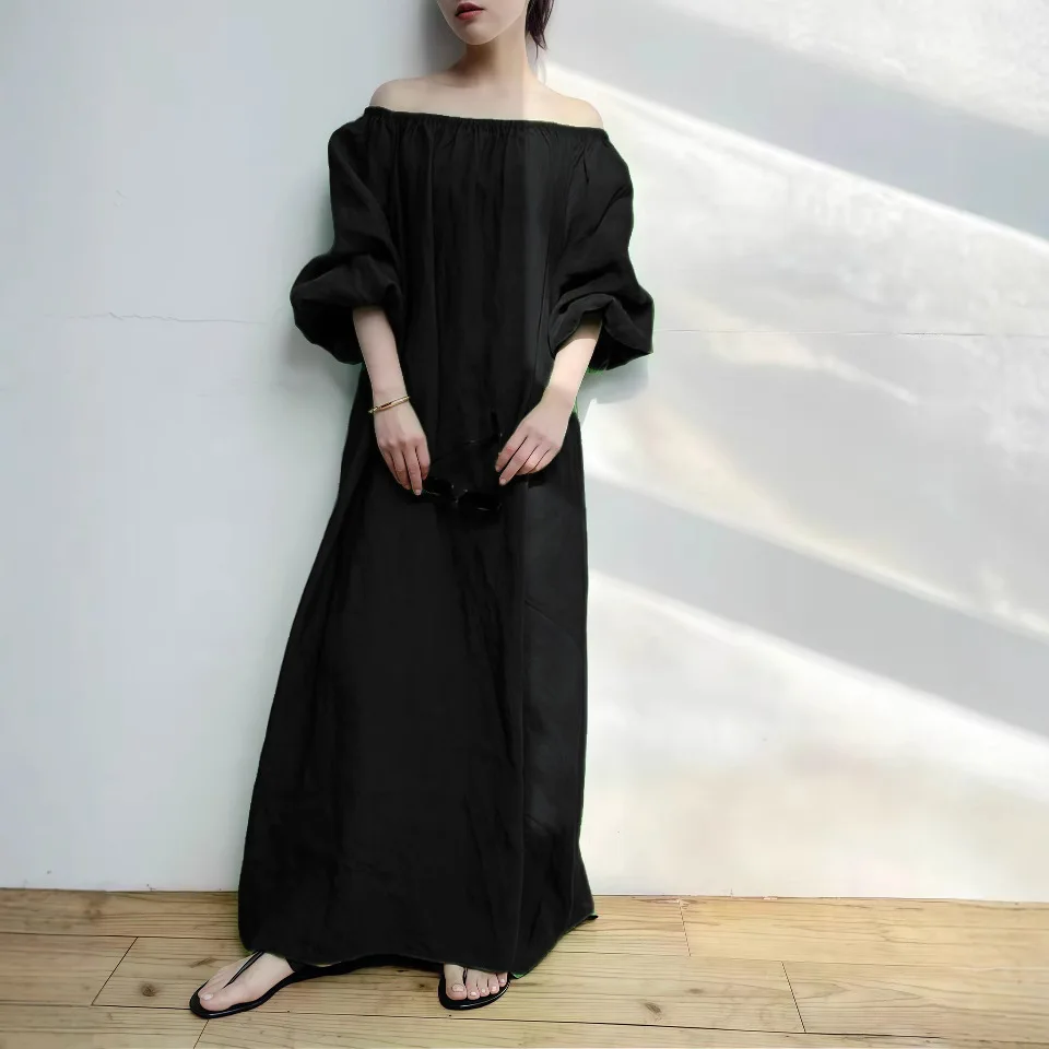 2025 women's summer button design loose long skirt off-shoulder solid color simple casual outing and vacation retro style dress