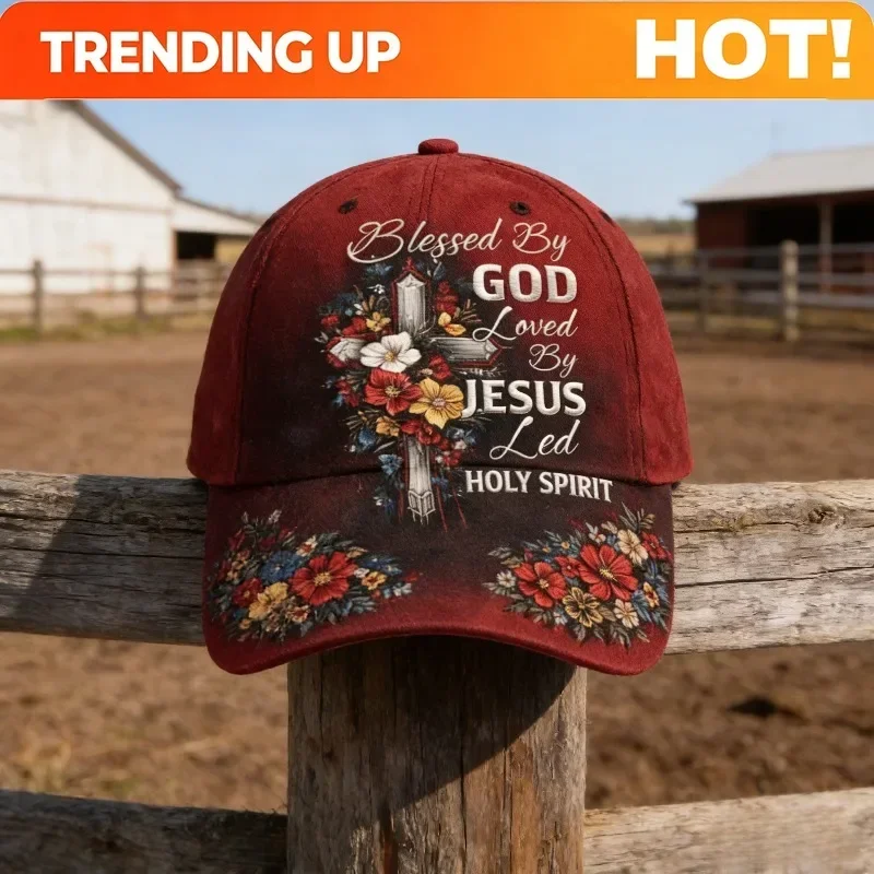 Custom Christian-Themed Baseball Cap Featuring A Floral Cross Design In Red, Symbolizing Divine Blessings And Guidance From The