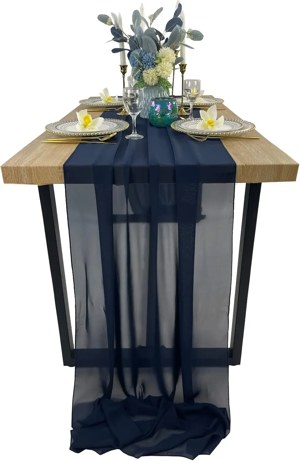13ft Navy Blue Chiffon Table Runner, 29x156 inches Romantic and Rustic Boho Wedding Table Runner, Top Table Sheer Bridal Party