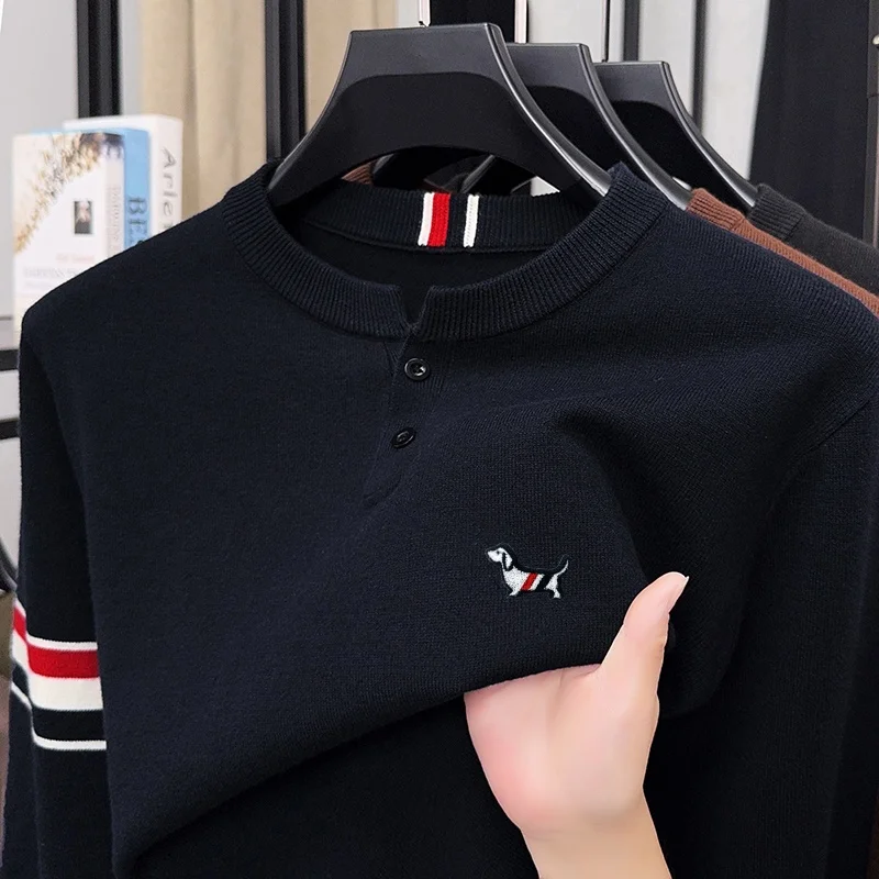 겨울 신상 남성용 O넥 풀오버 니트웨어 스웨터 럭셔리 퀄리티 투피스 버튼 컬러 블록 두꺼운 패션 출퇴근 남성복