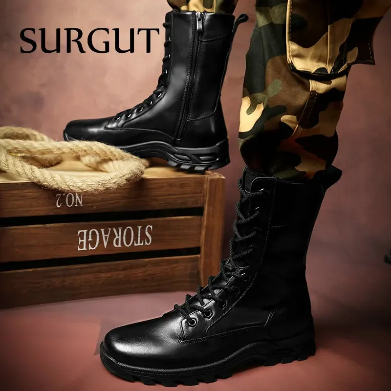 SURGUT High Top Style Snow Boots Men Warm Men Lace Up Tactical Boots Brand Fashion Winter Ankle Boots Leather Outdoor Footwear