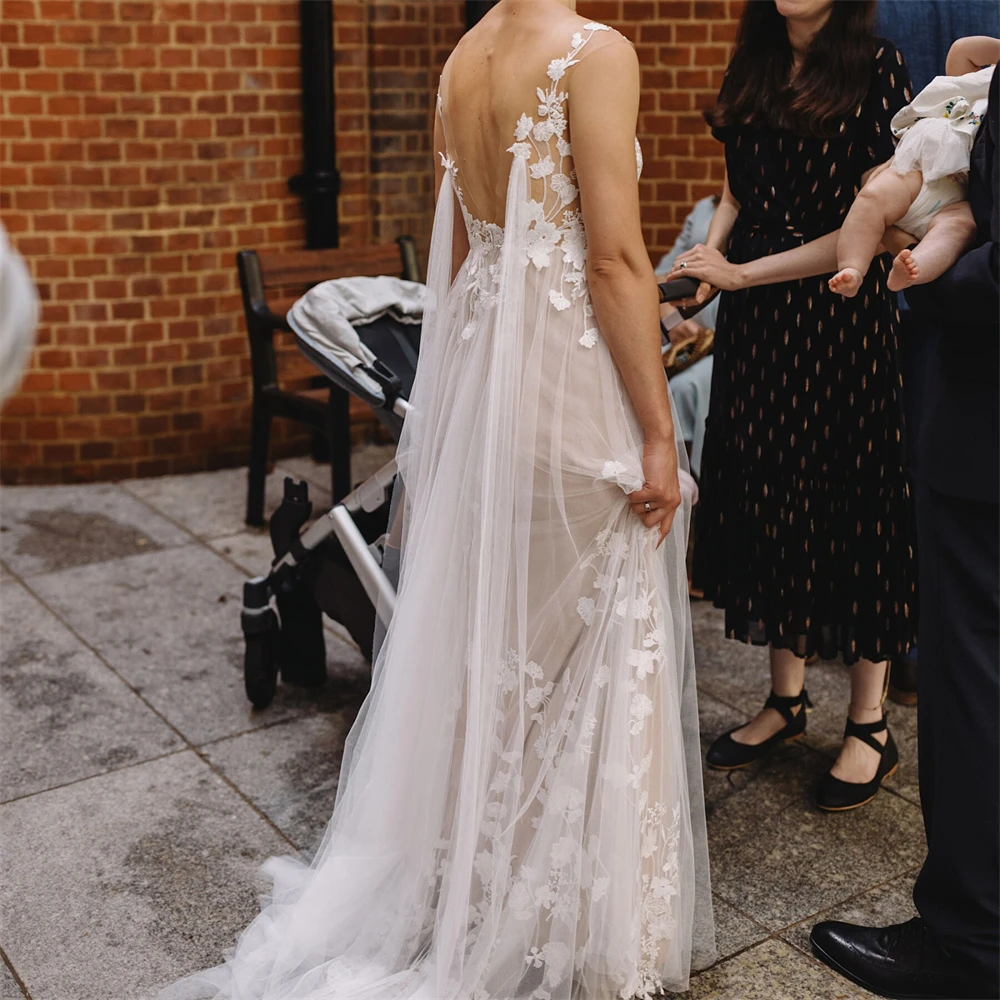 Vestido de novia de corte en A para fotografía de novia, impresionante vestido de novia con tirantes finos, apliques de encaje, Espalda descubierta, bohemio, 20317 #2024