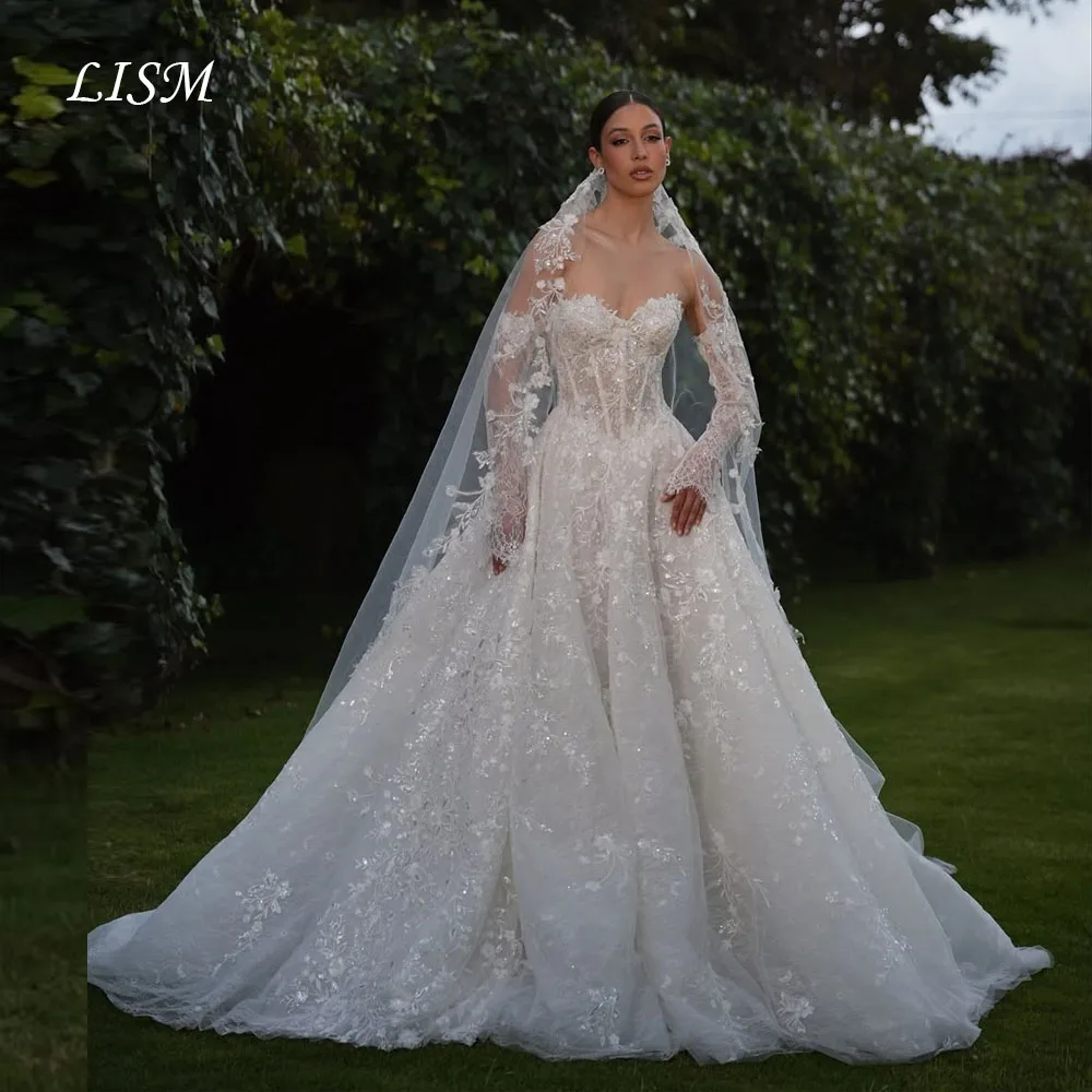 LISM élégant pleine dentelle une ligne robes de mariée manches longues chérie robes de mariée Vestido de noiva balayage Train Robe de mariée