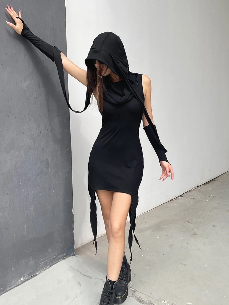 Weekeep Grunge y2k Hooded Mini Dress Solid Backless Hollow Out Skinny Mini Dresses for Women Vintage Sexy Knitwears Harajuku 90s