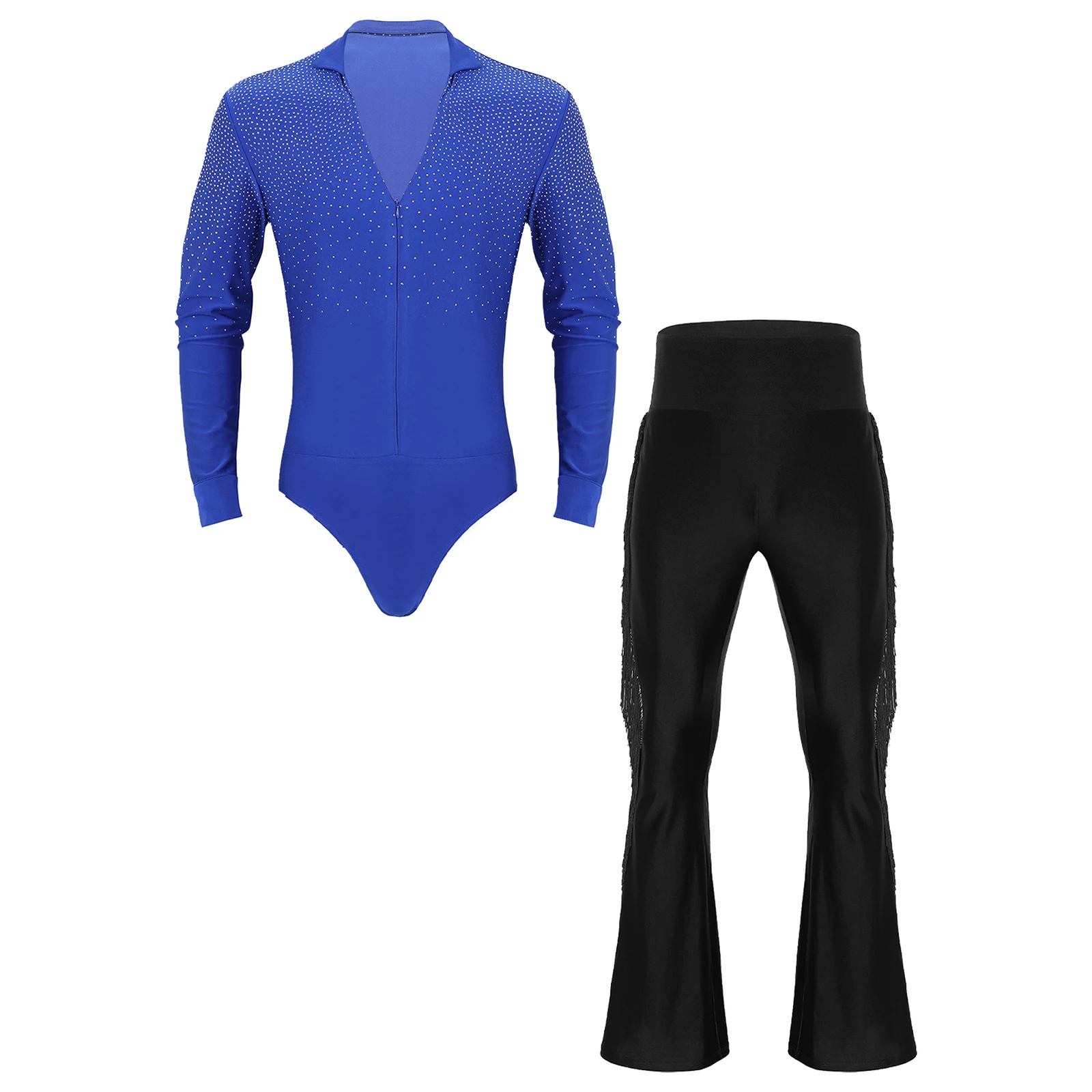 

Gentry Mens Suits Ballroom Latin Tango Rumba Dance Outfit V-neck Long Sleeve Shiny Rhinestones Leotard with Tassel Flared Pants