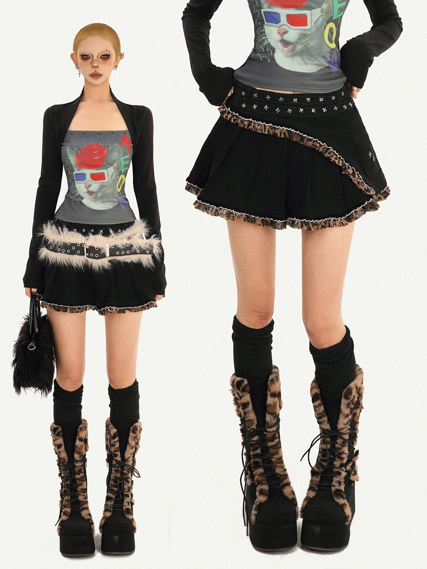 

Nico Molly Y2K Retro A-Line Denim Skirt for Women with Rivet Leopard Print Frayed Hem Pleated ort Skirts Casual Wear