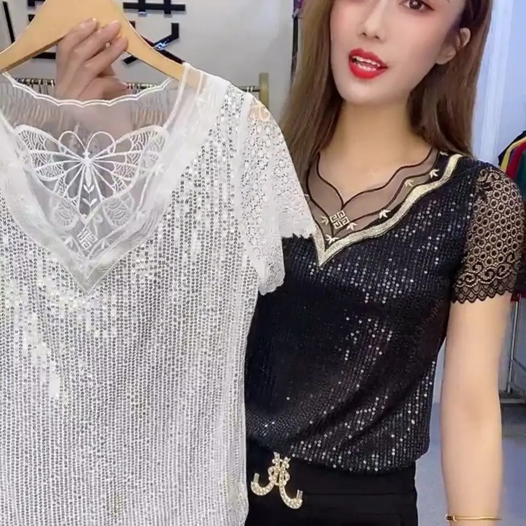 Summer Clothes Sequins Shiny Lace V Neck Short Sleeve Beautiful Back Butterfly Bottom Tees Tops Slim High Stretch T Shirt Women