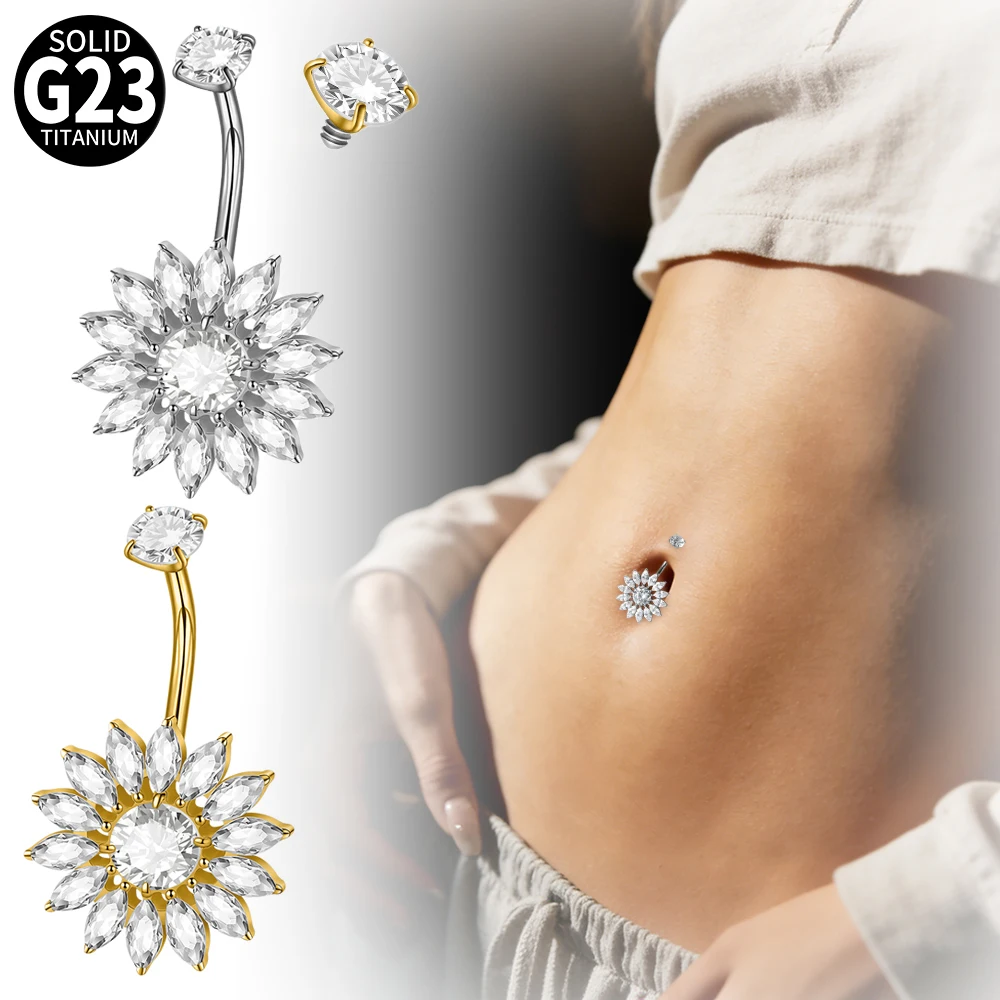 1PC High Quality G23 Titanium Marquise CZ Gem Sunflower Internal Thread Navel Belly Button Ring Charming Body Piercing Jewelry