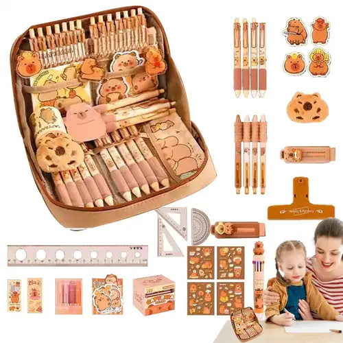 Imagen 2 del producto Juego de papelería de capibara, bonito kit de regalo abundante para el regreso a la escuela, estuche para lápices, papelería de estudio para estudiantes, caja de regalo de gran capacidad