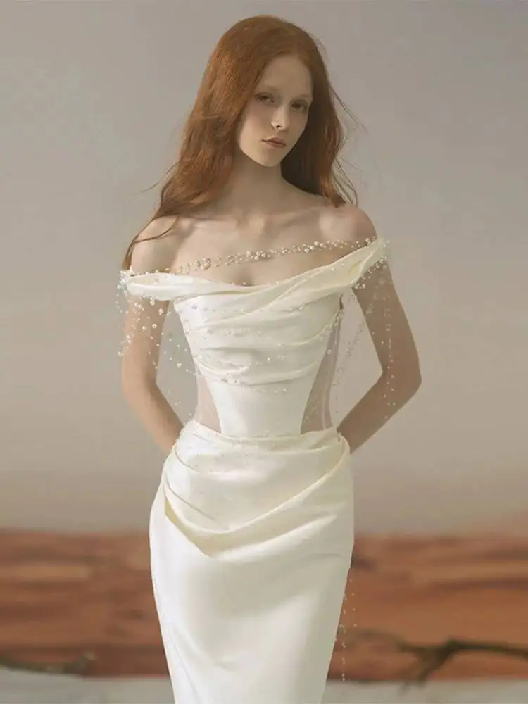 Mermaid-style Light Wedding Dress 2026 New Model, Off-shoulder Pearl Niche White Engagement Dress, Elegant Satin Evening Gown