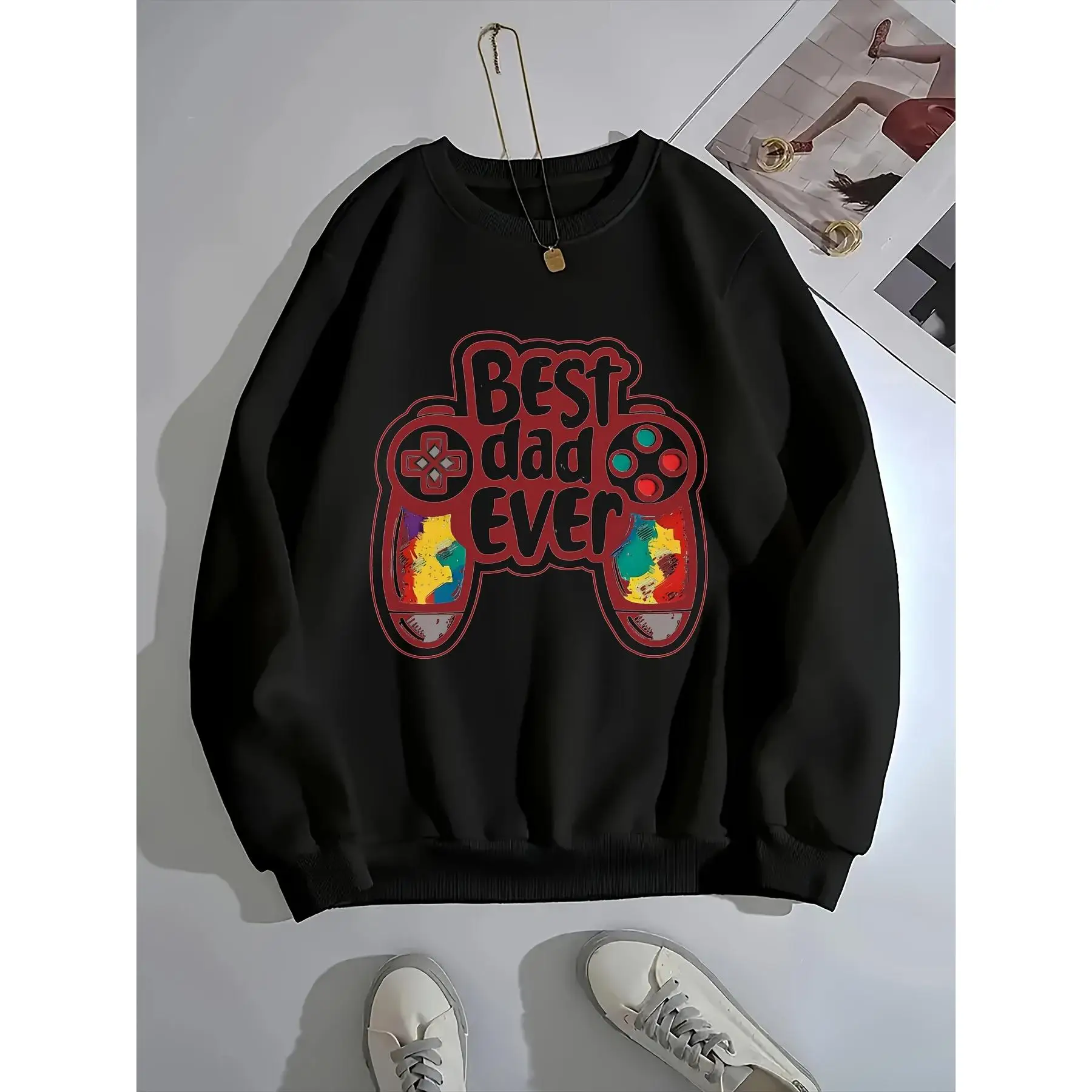

Vintage "Best Dad Ever" Sweatshirt Funny Gamer Graphic Tee Controller Slogan Top Father's Day Gift for Him