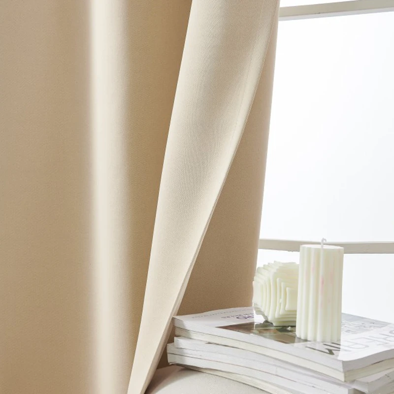 2PCS Cream Beige Solid Blackout Curtains, Single-Side Light Texture, Grommet Top Thermal Insulated Curtains,Sheer Not Included