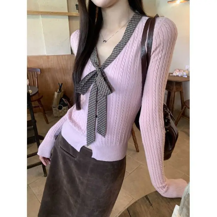 Korean Style Pink Striped Plaid Tie‑detail Long Sleeve Knit Sweater Women Autumn Winter Slim Fit Elastic Layer Top