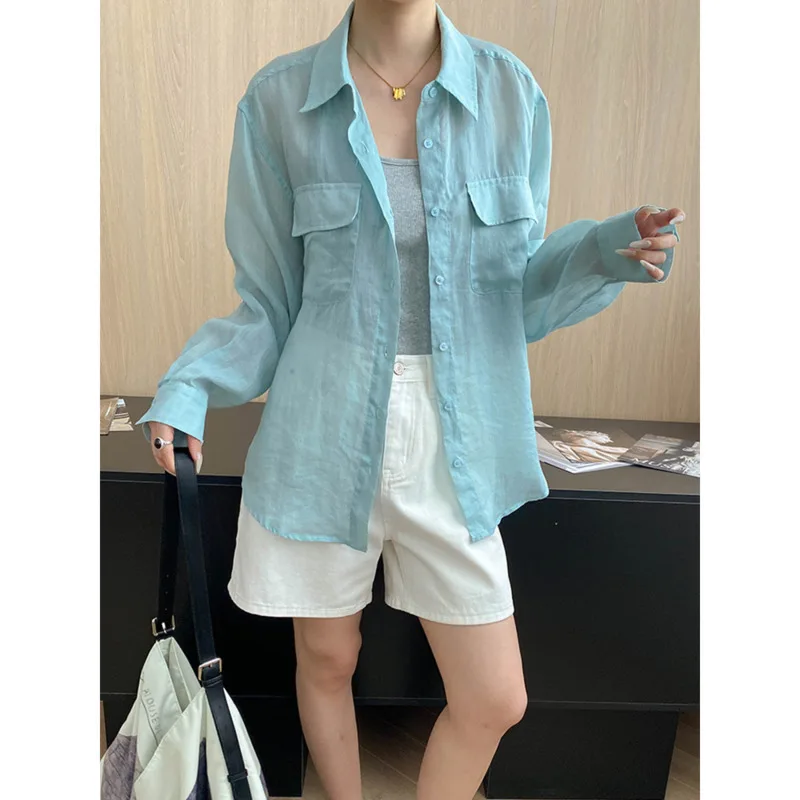 

Women 100% Linen Shirts,summer Turn Down Collar Double Pocket Loose Long Sleeve Shirt Tops