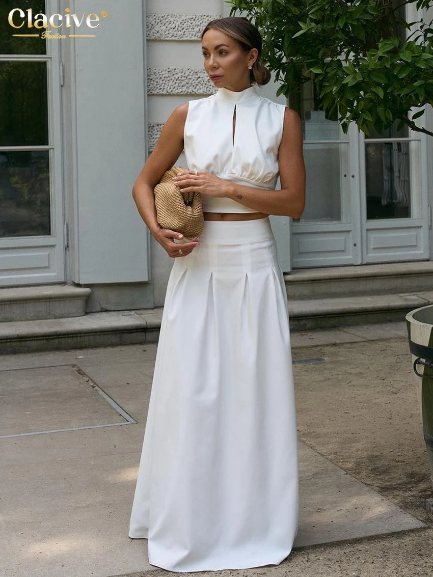 

Clacive Summer Loose White 2 Piece Sets Woman Outfit 2025 Fashion Sleeveless Tank Top With High Waist Long Skirt Set Streetwear