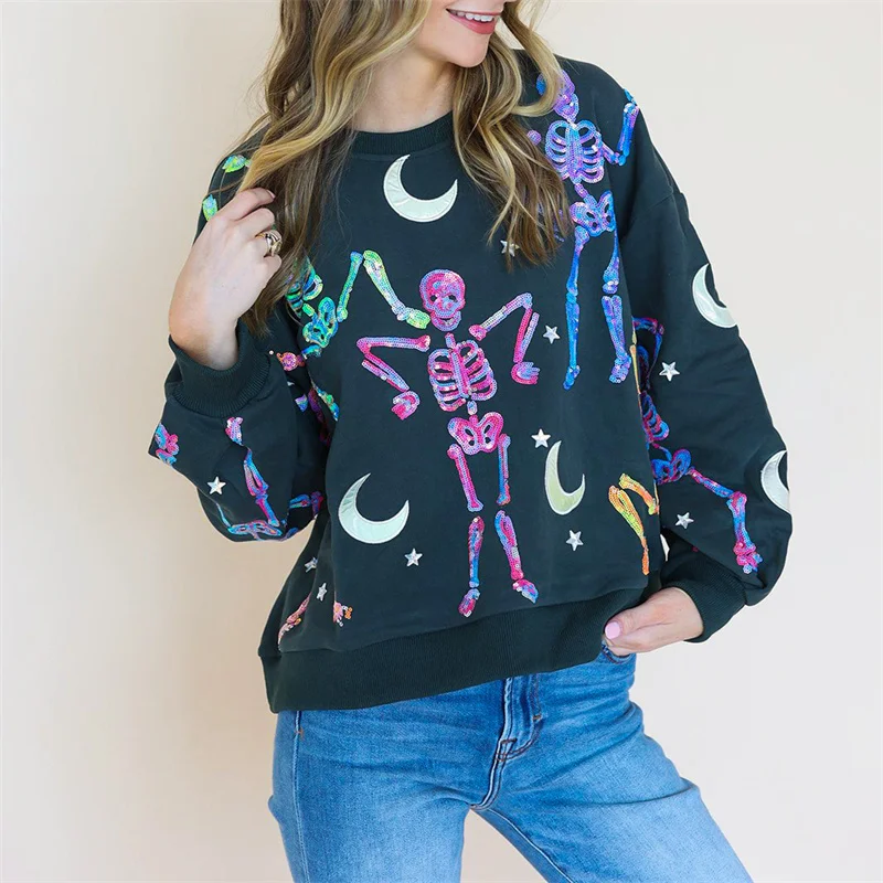 

Womens Halloween Sequin Dancing Skeleton Graphic Sweatshirts Shirts Long Sleeve Sparkly Skull Ghost Pullover Oversized Sweaters