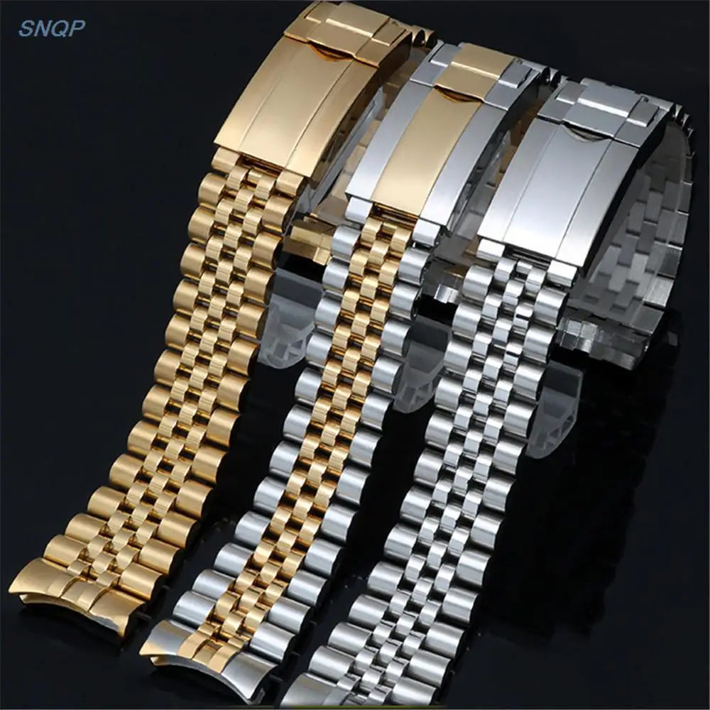 남녀공용 솔리드 스테인레스 스틸 시계 밴드, 곡선 엔드 금속 접이식 버클, 손목 팔찌 스트랩 액세서리, 실버 골드, 20mm