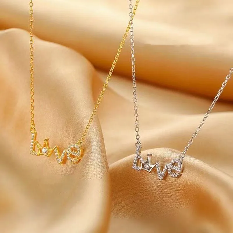 925 Sterling Silver Letter Necklace New Love Letter Crown Necklace Female Retro Clavicle Chain Accessories Wholesale Jewelry