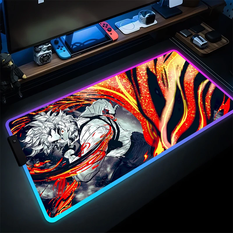RGB Mouse Pad PC Demon Slayer Rengoku Kyoujurou Tappetino da scrivania Gamer LED Ufficio Laptop Anime Tastiera Pad Accessori da gioco Mousepad