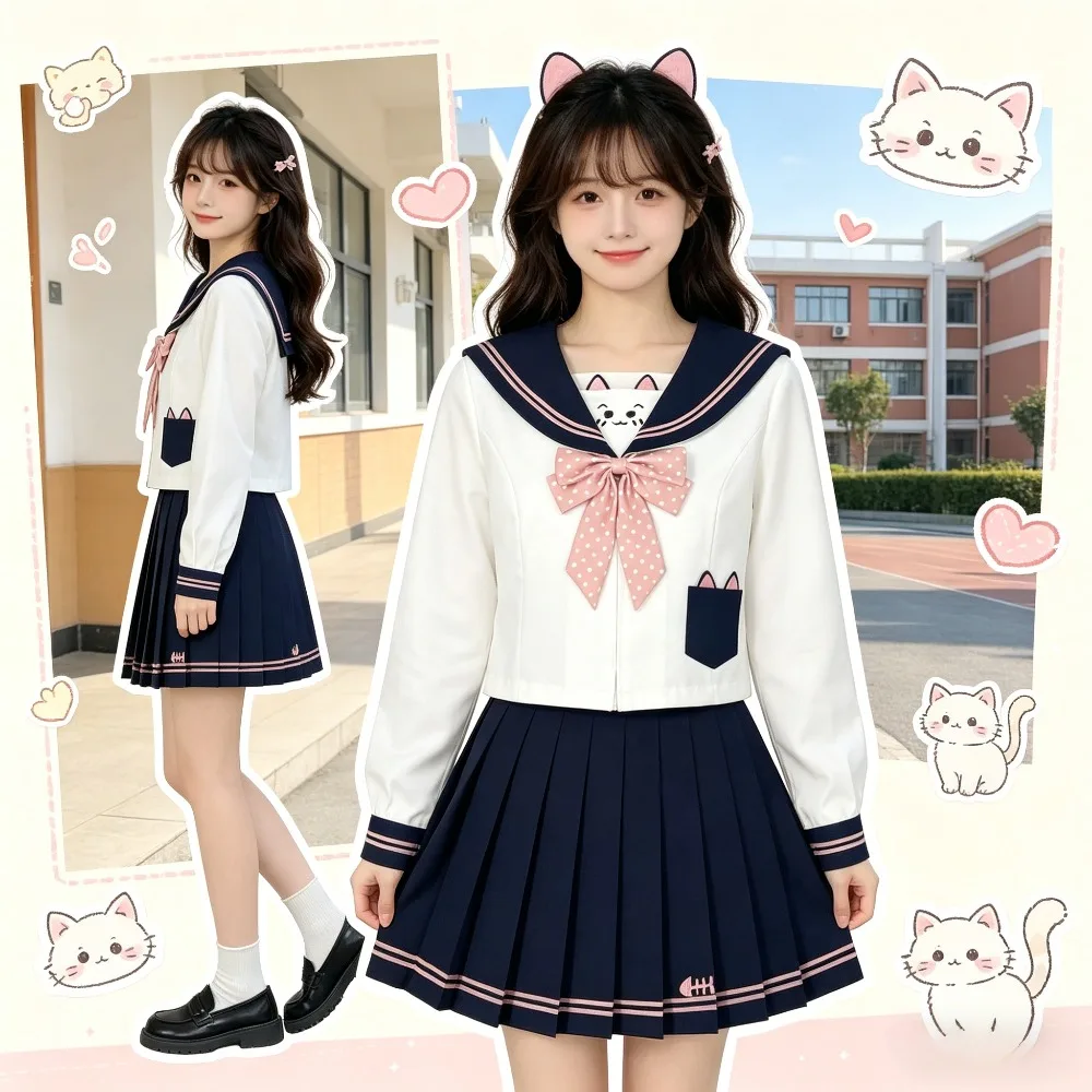

Cute Cat Ear Sailor Suit JK Uniform, Japanese College Pleated Skirt School Outfit for Graduation Photo Campus Daily Wear