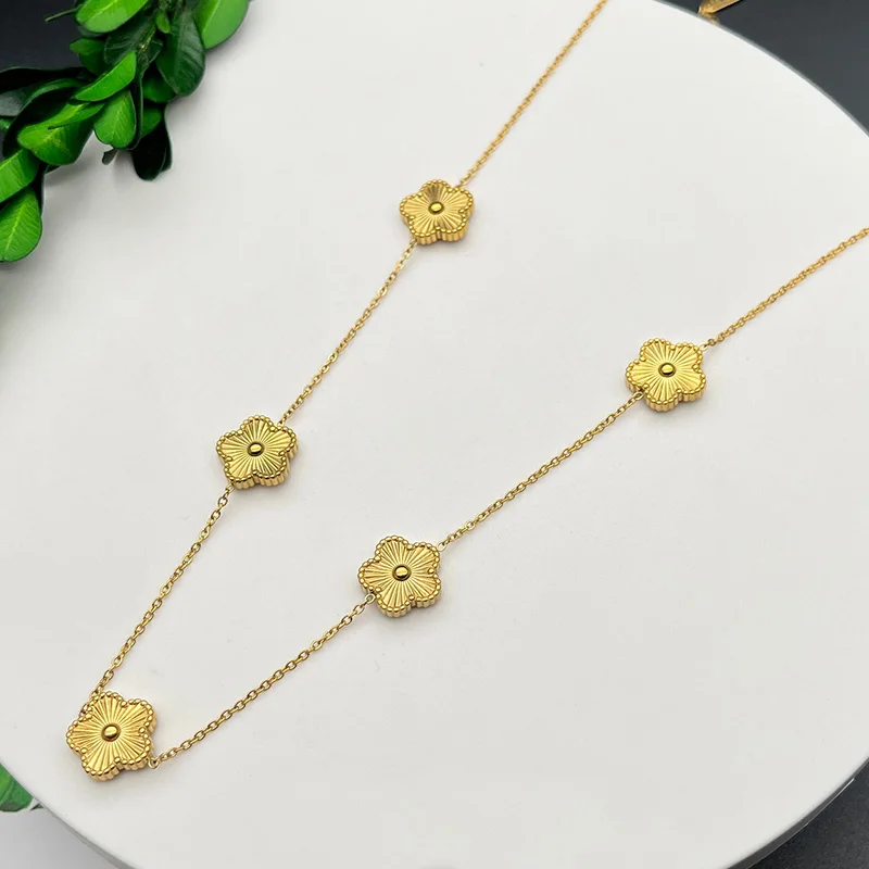 Luxury Stainless Steel Jewelry Gold Color Necklace Earrings Bracelet Set for Women Five Flower Clover Fashion Accessories 2023