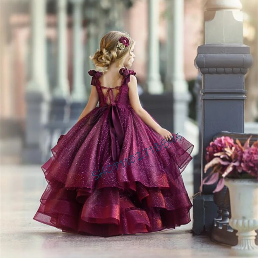 

Fluffy Tulle Lace Beaded Burgundy Flower Decal Flower Girl Dress Wedding Flower Child Birthday Supper Celebration Dress