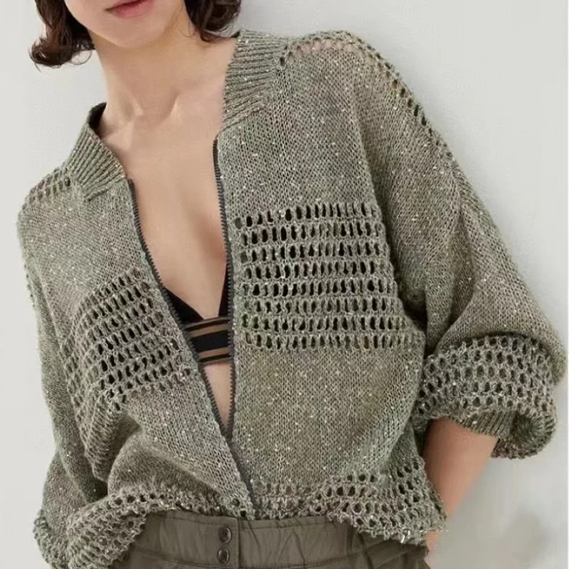 B.C 2024 Spring Linen Coats Sequin Hollow Knit Cardigans Women Mesh Light Luxury Casual Jacket Long Sleeve Tops High-end Clothes