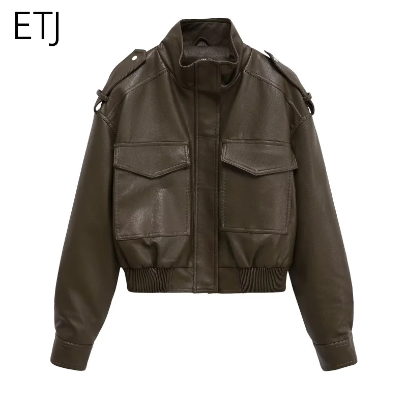 ETJ 2025 Nuova collezione da donna: giacca corta da motociclista con colletto rialzato Y2K giacca in ecopelle lucida con tasche grandi