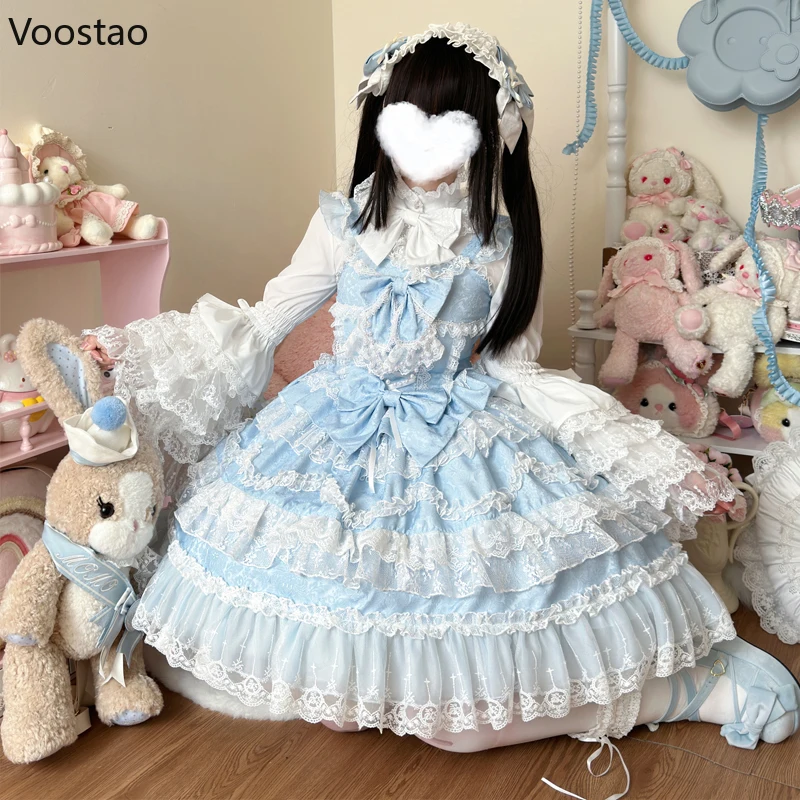 Victorian Sweet Lolita Jsk Dress Women Kawaii Cute Lace Ruffles Flower Wedding Bow Dress Japanese Vintage Elegant Princess Dress