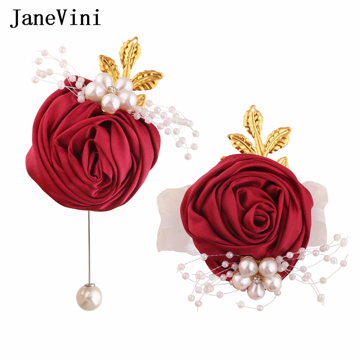 

JaneVini Burgundy Groomsman Groom Boutonniere Bride Wedding Wrist Corsages Ceremony Man Boutonniere Pins Brooch Satin Flowers