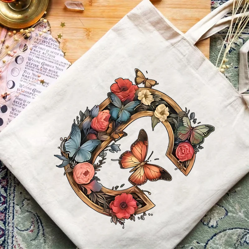 Women's Golden Butterfly Letter A-Z Handbags Vintage Fashion Floral Butterfly 26 Alphabet Shopping Bags Casual Teen Shoulder Bag