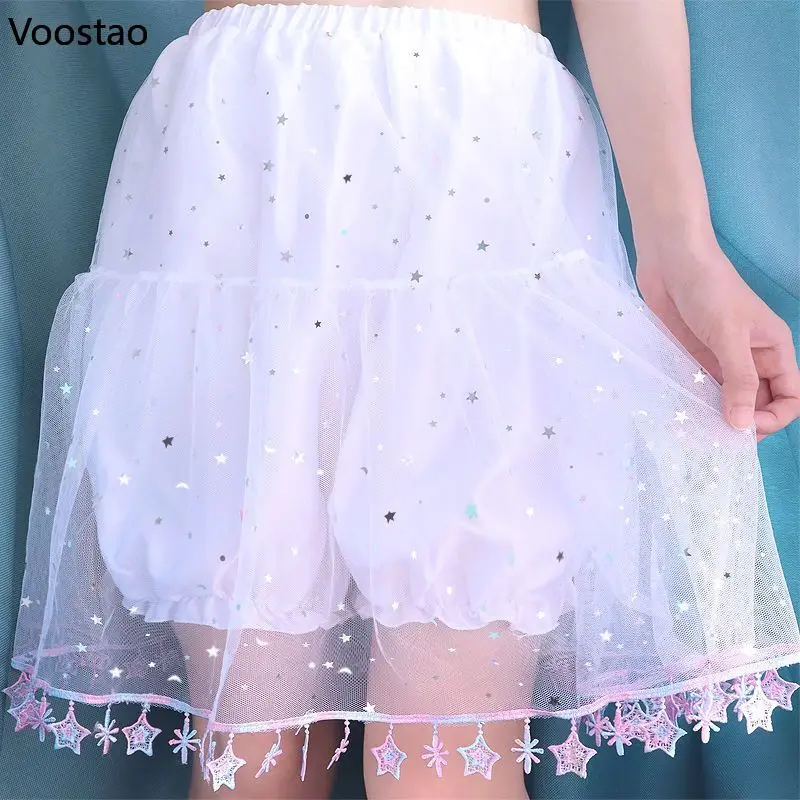 

Sweet Lolita Mesh Star Sequin Safety Short Pants Petticoat Pumpkin Shorts Skirt Women Chic Hem Small Star JK Uniform Bloomers