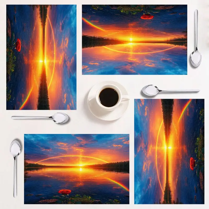 

4-piece placemat set, vibrant sunset design, easy to clean, rectangular decor for home kitchen, 12×18 inches, perfect for holida