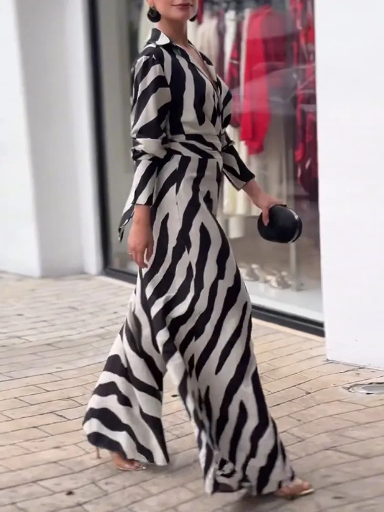 Tute da donna con risvolto a gamba larga stampate zebrate alla moda, maniche lunghe, vita alta, tute da festa per ufficio alla moda urbana