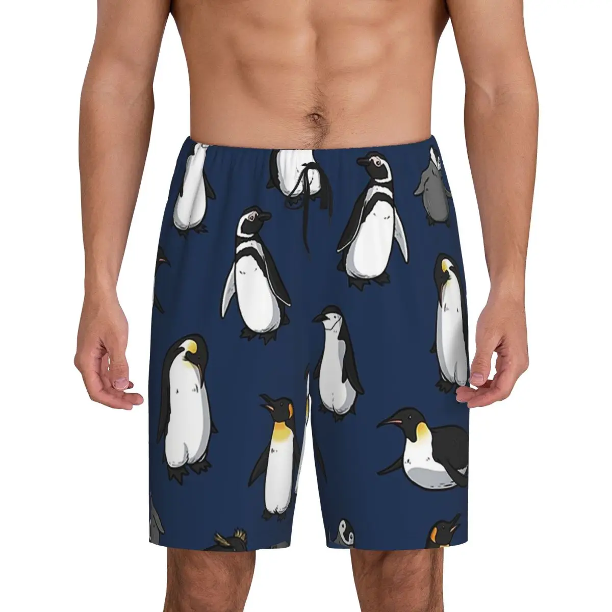 

Мужские короткие пижамные шорты с милым принтом пингвинов (темно-синий вариант) для сна и отдыха